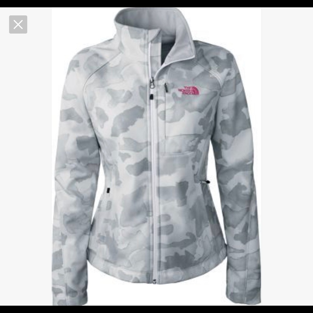 The North Face Women's White & Gray Camo Softshell Jacket with Pink Logo